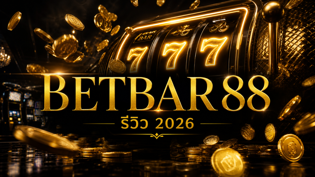 Golden casino scene with a glowing slot machine showing triple sevens and coins, BETBAR88, and Thai text 'รีวิว 2026'.