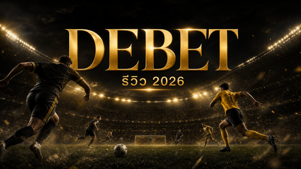Gold 'DEBET' title with Thai 'รีวิว 2026' on a dark stadium backdrop; two players in black and yellow sprint toward a ball.