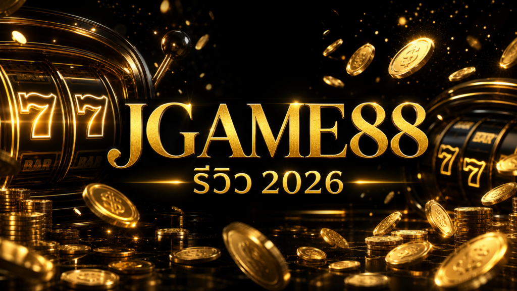 Luxurious gold casino scene with large 'JGAME88' title, Thai 'รีวิว 2026', spinning slot reels, and coins scattered across a dark background.