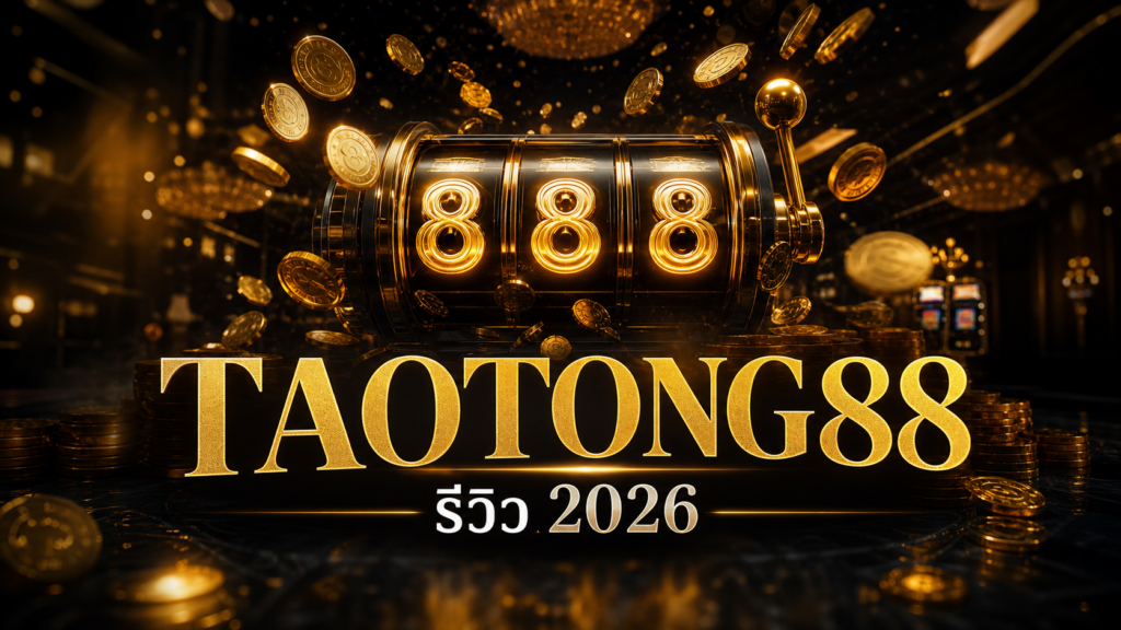 Gold slot machine displaying 888 with coins flying around and TAOTONG88 branding, 2026 review text in Thai, luxurious casino scene