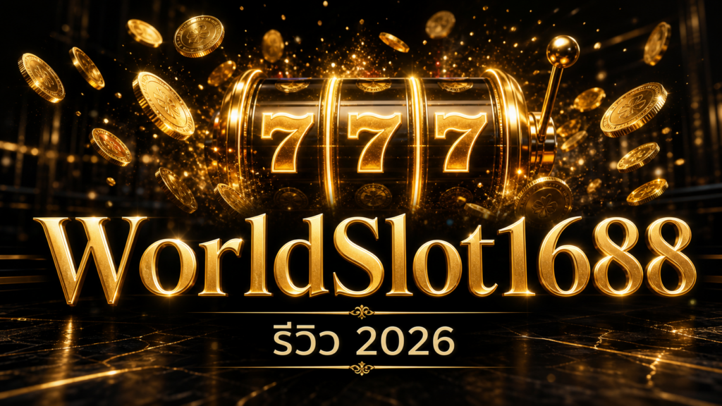 Luxurious gold slot machine showing three 7s, coins flying, with 'WorldSlot1688' and 'รีวิว 2026' text.